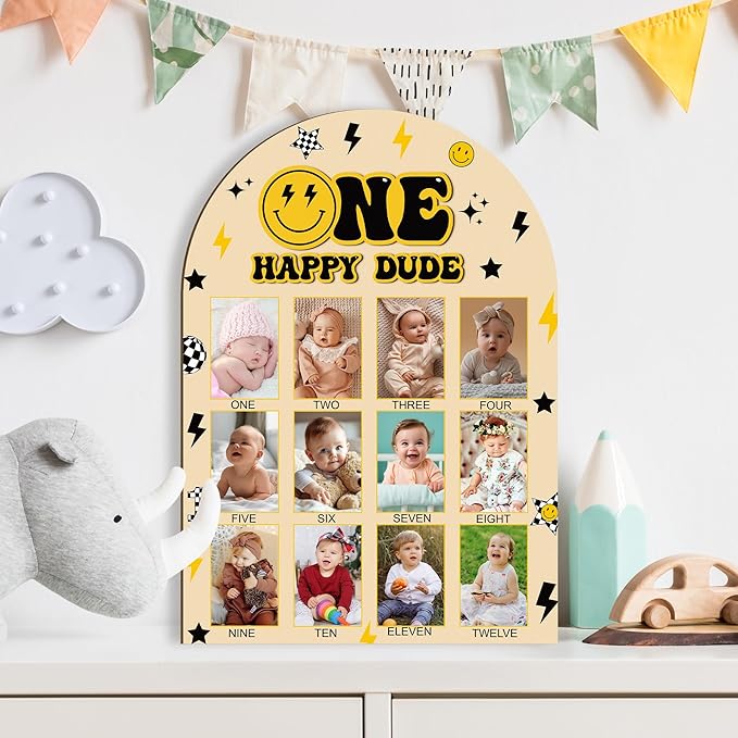 R HORSE My First Year Photo Frame Board, 3D One Happy Dude Birthday Decoration Display Wood Board, Baby Boy First Year Picture Frame 12 Months Milestone 1st Birthday Nursery Decor Gift