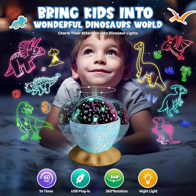 Dinosaur Toys for Kids Age 3-12: Wired Dinosaurs Egg Night Light Gifts for Boys 4 5 6 7 8 9 Year Old 2-in-1 Dino & Star Projector with 360° Rotation Timer for Boy Ages 3-5 Birthday Easter Gifts Decor
