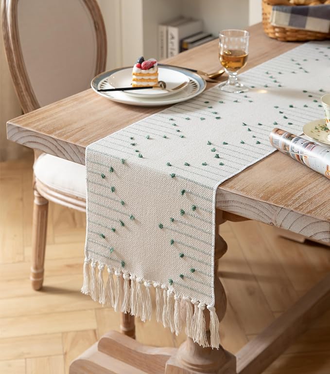 Boho Table Runner 13 x 90 Inch Long Natural Cotton Woven Runner - Image 2