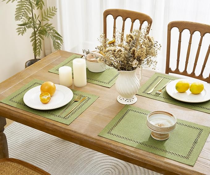 Farmhouse Burlap Hollow Placemats Set of 6, 12 x18 Inch Sage Green | Double - Image 5