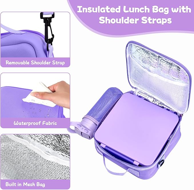Kids Bento Lunch Box with 8oz Soup Thermo, Water Bottle, Kids Leakproof Lunch Food Containers with 4 Compartment, Insulated Hot Food Jar with Lunch Bag for School, Trvael (Purple)
