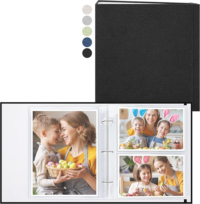 Vienrose Linen 3-Ring Photo Album Holds 190 Photos, 160 4x6 Photos and 30 6x8 Pictures, Picture Album with Multiple Size Pockets, Memory Book for Family Wedding Anniversary Baby, Black