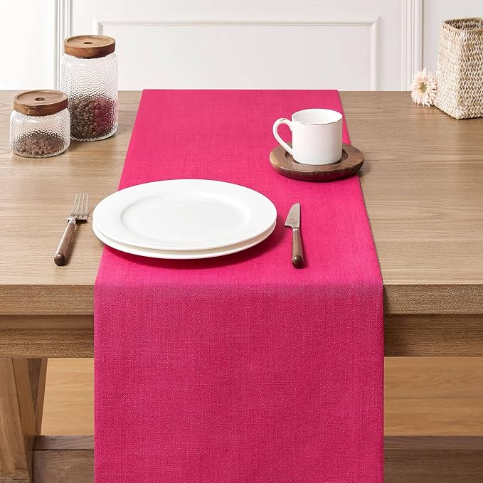Linen Textured Border Table Runner, 14 x 108 Inch Hot Pink | Mitered Corner - Image 3