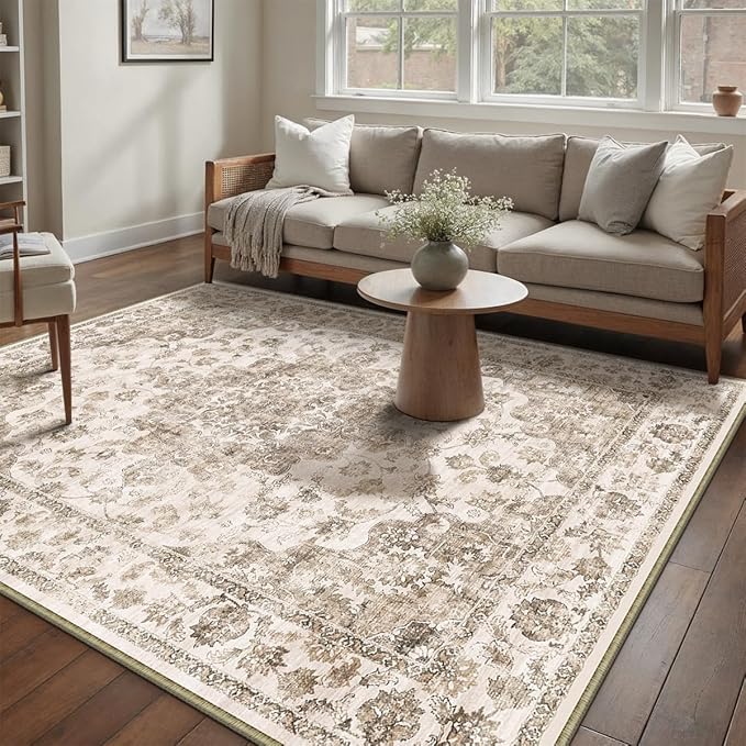 9x12 Neutral Area Rug Brown Vintage Living Room Bedroom Washable Carpet - Image 3