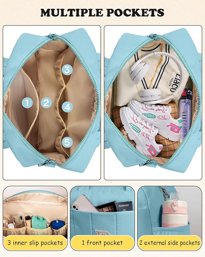 Duffle Bag, Weekender Bags for Girl，Initial Overnight Bag with Wet Pocket，Gifts for Teen Girls-Lightweight Dance Bags Personalized Gymnastics bag with Makeup Pouch