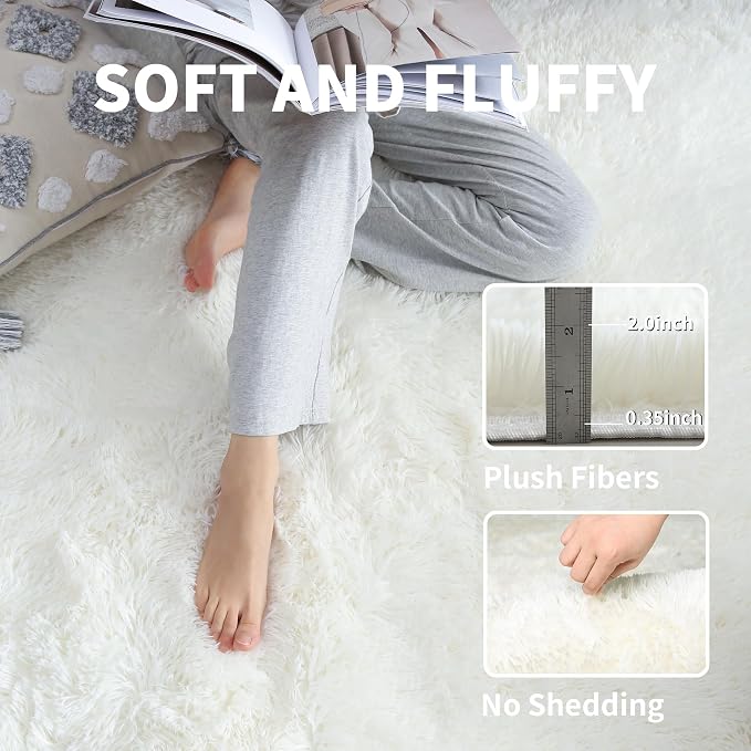 Fluffy 8x10 Large Area Rugs for Bedroom Living Room, Cream White Soft Washable - Image 3
