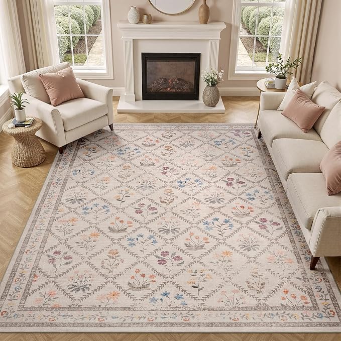 DCX Washable 8x10 Rose Biege Floral Rug by DCXWashableRug