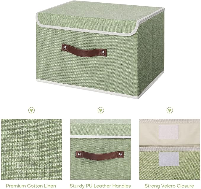 ANMINY Storage Bin with Lid Storage Boxes with PU Leather Handles PP Plastic Board Decorative Foldable Lidded Cotton Linen Fabric Home Cubes Baskets Closet Organizer Container - Green, Large Size