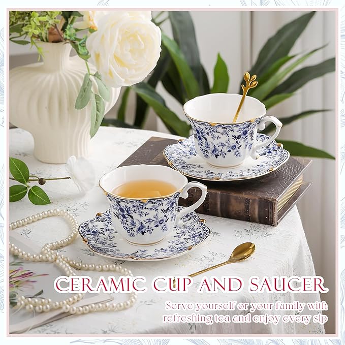 TATSUMI Country Roses Bone China Tea Cup and Saucer Set, 6 Pieces, Vintage Style - Image 4