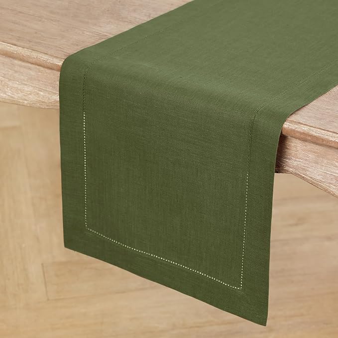 Solino Home 100% Linen Table Runner Olive, Classic Hemstitch 14 x 156 in | - Image 2