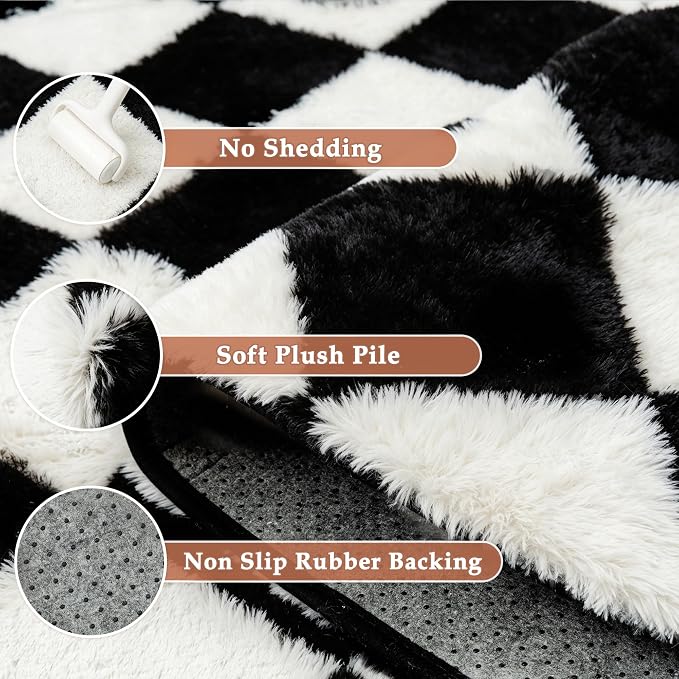 PureCozy Checkered Rug 8x10 Fluffy Shag Living Room Black and White Area Rug - Image 6
