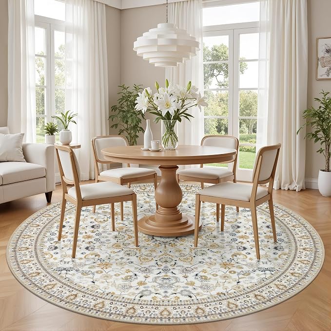 Round Area Rug for Living Room: 8 ft Washable Vintage Boho Soft Thin Circle Rug - Image 3