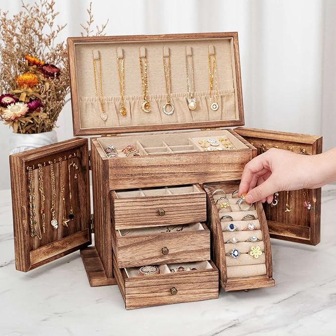 Jewelry Box Organizer, Solid Wood Jewelry Boxes for Women for Storage & Display Necklace Ring Earring Bracelet, Rustic Style Jewelry Organizer Box for Women Gifts (Carbonized Brown)