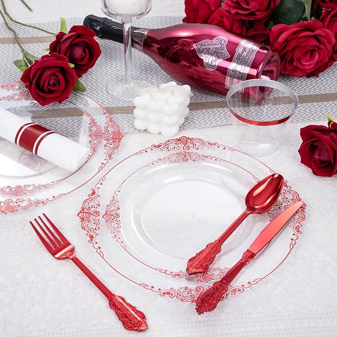350 Pcs Clear Red Plates for Party | Red Party Plates Set for 50 Guests - Image 3