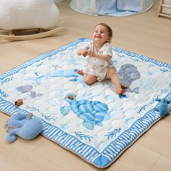 Momcozy Baby Play Mat for Floor, 50x50 Thickened Playpen Mat, Playmate for Baby Tummy Time, Waterproof & Non-Slip, Foldable Outdoor Mat with Carrying Handle, Ocean Theam