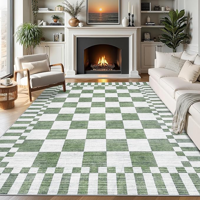 GarveeHome 8×10 Area Rugs for Living Room, Sage Green Checkered Rug, Non-Slip by GarveeHome
