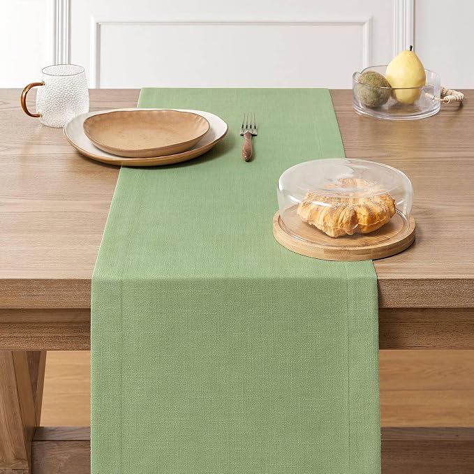 Linen Textured Border Table Runner, 14 x 48 Inch Green | Mitered Corner Design - Image 3