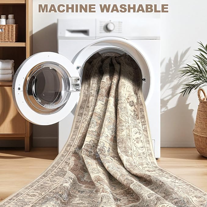 10x12 Washable Area Rug: Vintage Neutral Soft Non Slip Thin Large Floor Carpet - Image 5