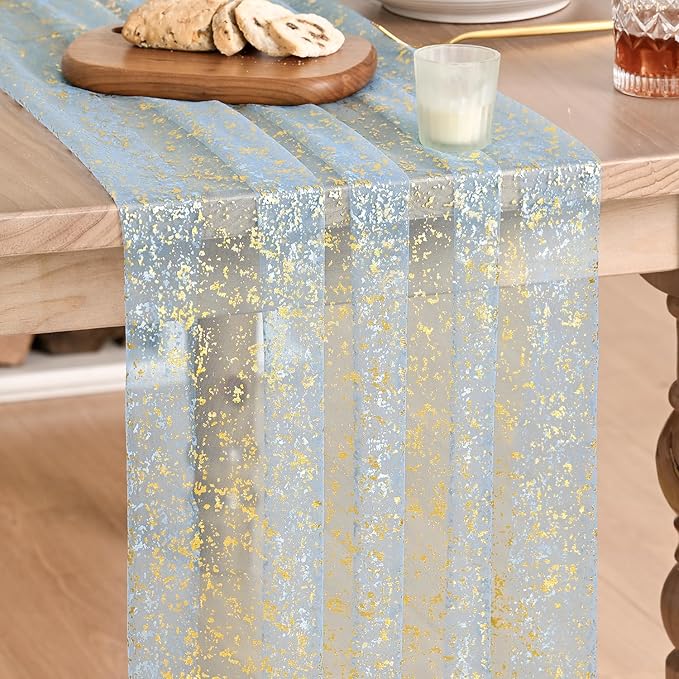 Artoid Mode 6PC Gold Gauze Light Blue Table Runner 120 Inch 10FT, Glitter by ArtoidMode