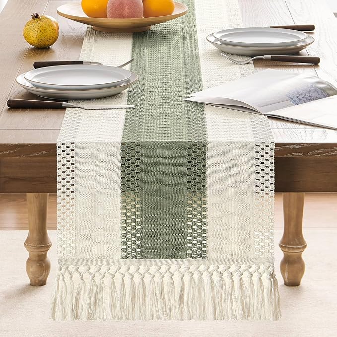 Macrame Style Bicolor Stitching Table Runner 14x108in Green | Woven Boho Table - Image 2