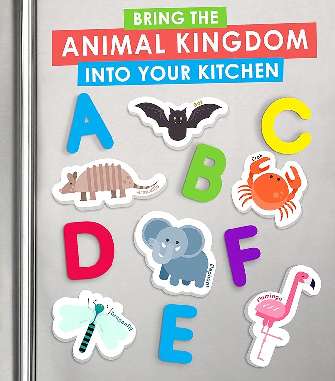 Curious Columbus Toddler Magnets – Animal Fridge Magnets for Kids | 52 Refrigerator Magnets with 26 Animals + 26 ABC Magnetic Letters | Foam Alphabet Learning Set for Toddlers