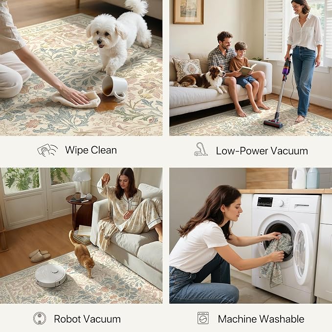 GENIMO 8x10 Washable Area Rug, Non-Slip Vintage Boho Floral Carpet, Soft - Image 7