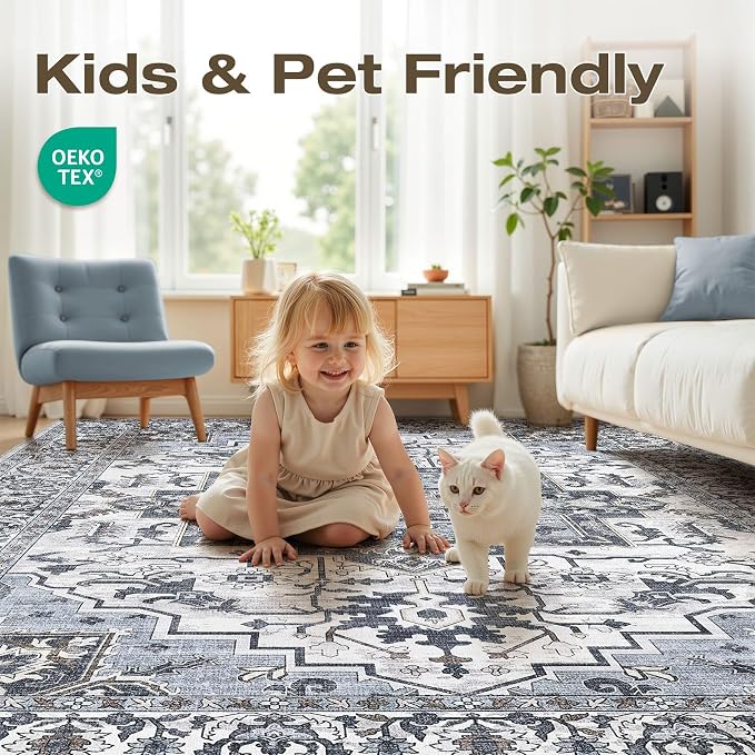 5x7 Area Rugs Living Room: Washable Vintage Rug Large Non-Slip Stain Resistant - Image 3