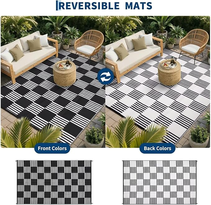 Garvee Waterproof Outdoor Rug 10x14, Checkered Foldable Plastic Straw Patio - Image 3