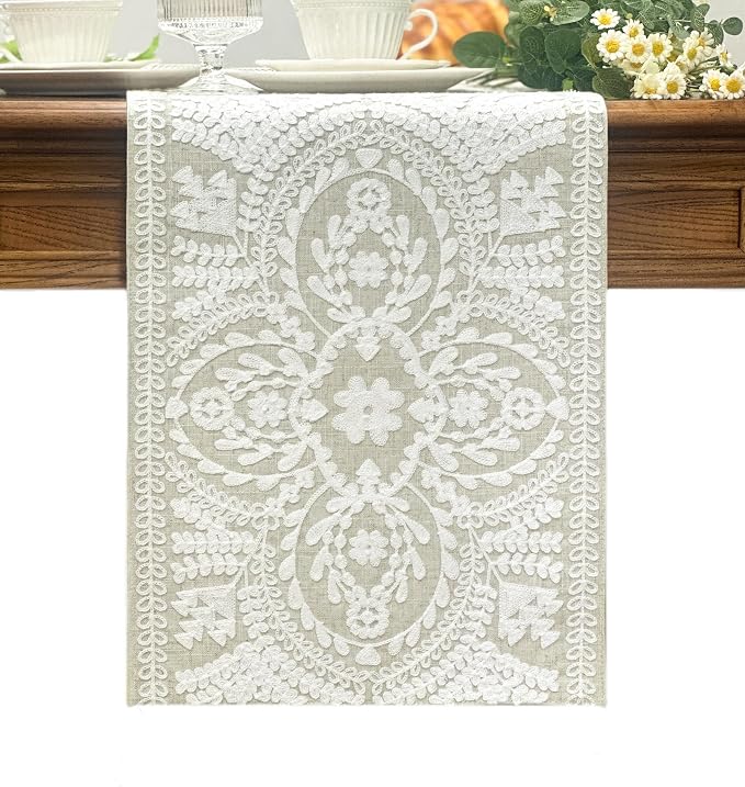 KEVA Boho Table Runner 54inches Long, Farmhouse Rustic Vintage White by KEVA