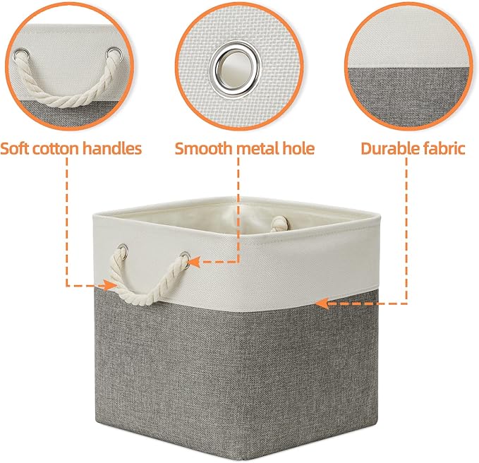 DULLEMELO Cube Storage Bins Set of 4 Fabric Storage Cubes Organizer Bin with Handles, Collapsible 12 Inch Cube Storage Baskets for Organizing, Closet, Shelf, Nursery (White&Grey)