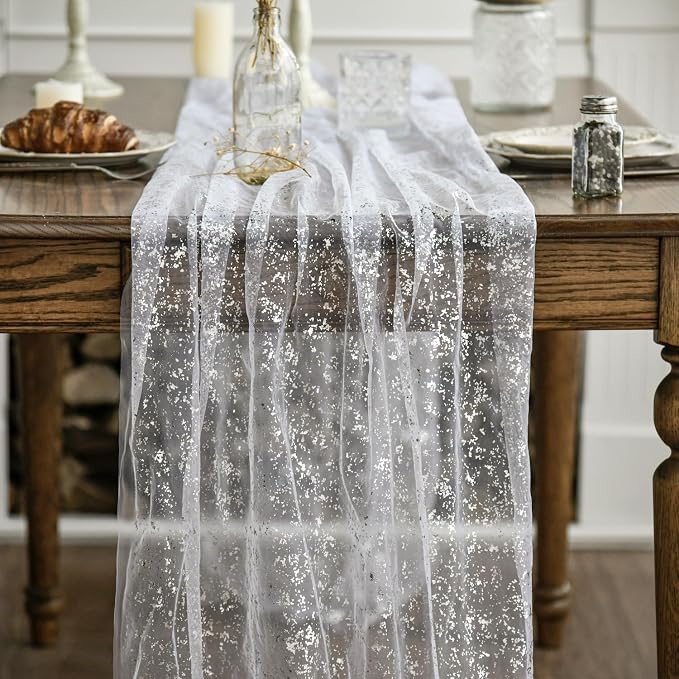 Artoid Mode 3Pcs White Silver Gauze Table Runner 120 Inch 10FT, Glitter - Image 2
