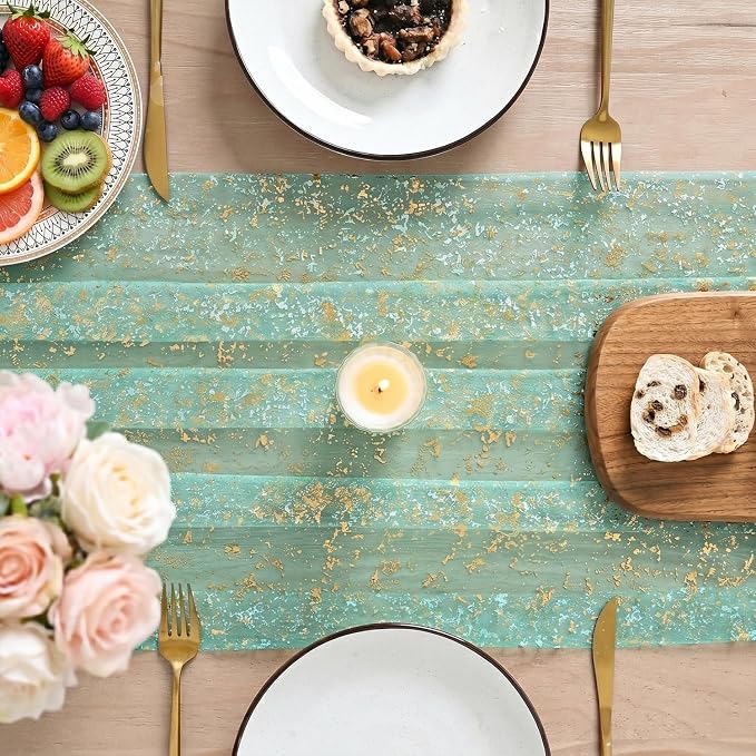 Artoid Mode 10Pcs Turquoise Gauze Gold Table Runner 10FT, Glitter Metallic Foil - Image 5