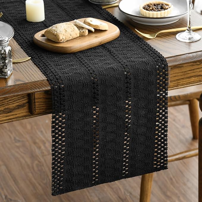 Artoid Mode Black Woven Farmhouse Hollow Table Runner 12x120 Inch | Holiday - Image 2