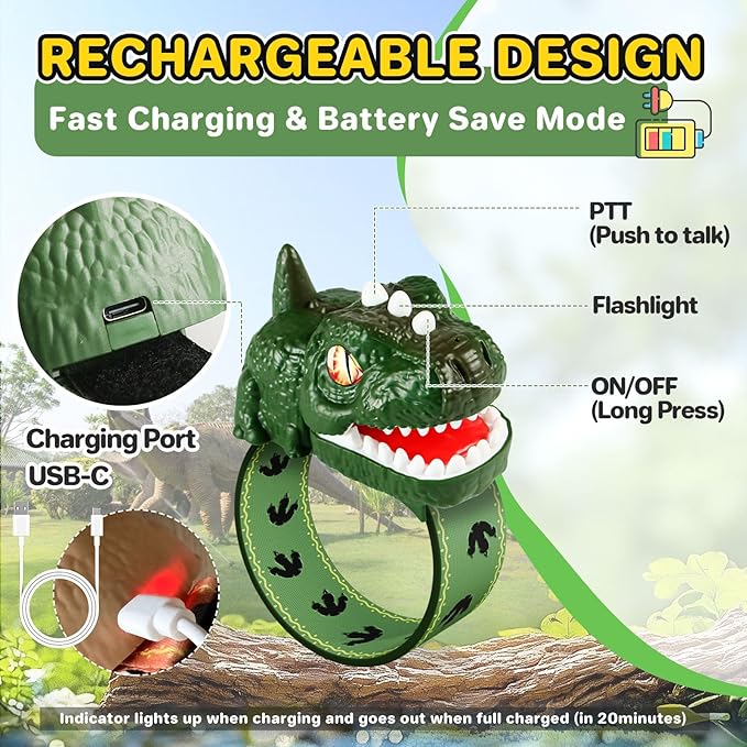 Dinosaur Walkie Talkies for Kids Rechargeable, Wrist Walkie Talkie with Flashlight, Outdoor Toys Camping Gear, T-Rex Dino Toy Birthday Gifts for Boys Girls Age 3-12 Years Old