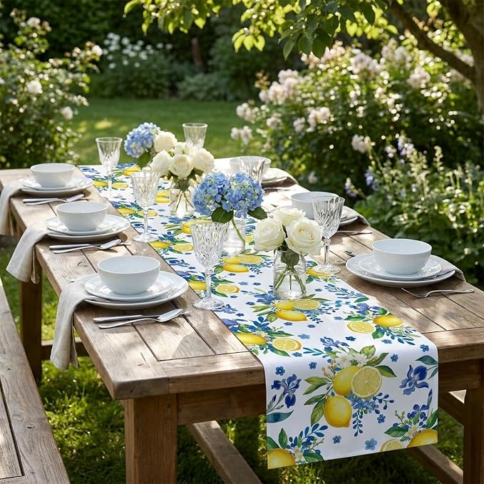 Lemon and Blue Floral Table Runner | Linen Texture Fabric, Easy Care Machine - Image 6