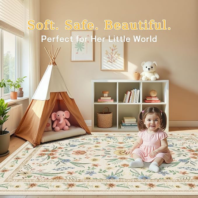 Beige Floral Area Rug 5x7, Neutral Washable Girls Bedroom Rug - Image 7