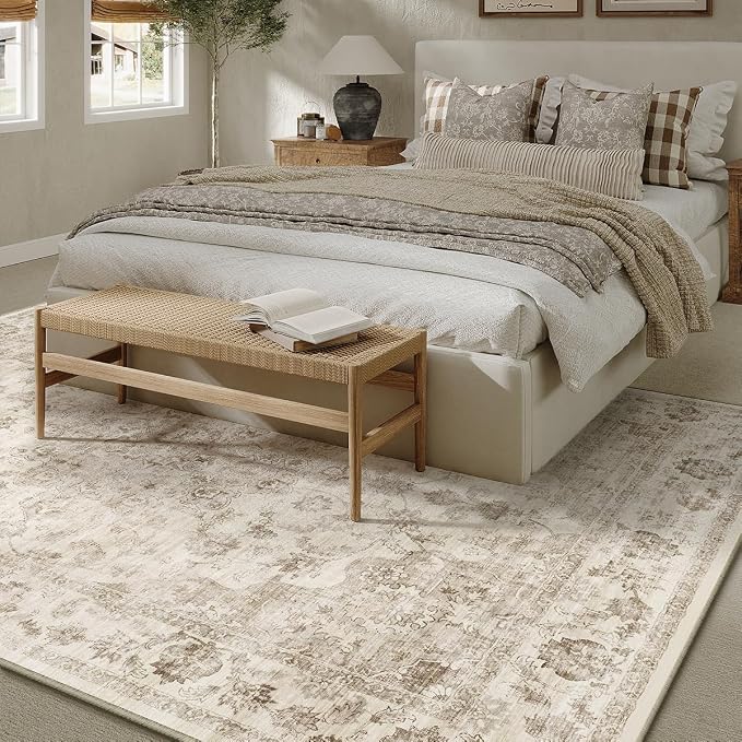7x9 Washable Neutral Area Rug Beige Vintage Living Room Bedroom Carpet Non-Slip - Image 2