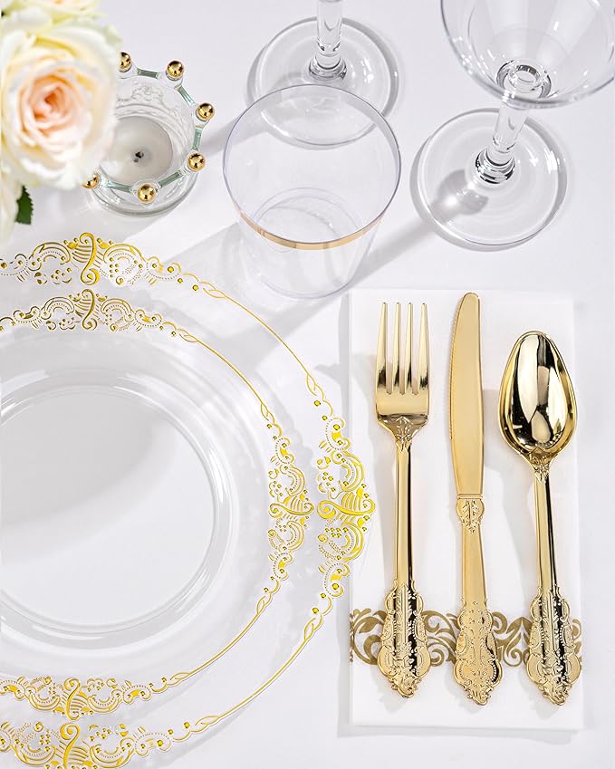 Nervure 350Pcs Clear Gold Plastic Plates, Dinnerware Sets - Image 6