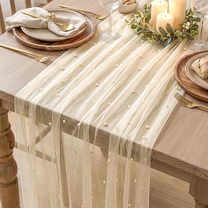 Artoid Mode 3PCS Pearl Champine Gauze Table Runner 120 Inch 10FT, Seasonal - Image 5