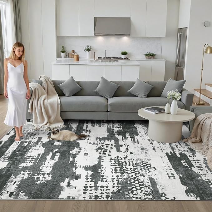 DCX Abstract Area Rug 9x12, Washable Black Modern Rug - Image 3