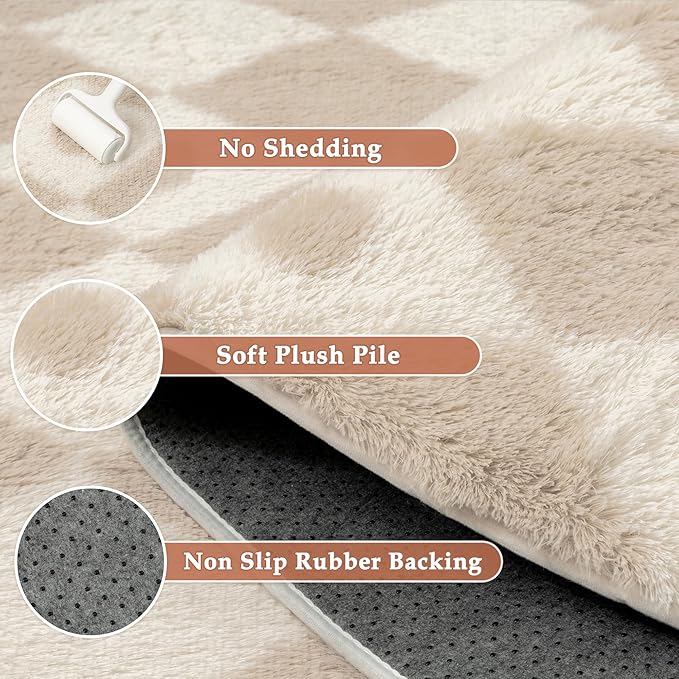 PureCozy Checkered Rug 5x7 Fluffy Shag Living Room Beige Area Rug Modern - Image 6