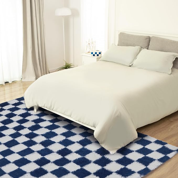 Super Soft Rug for Bedroom, 5x7 ft Blue and White Area Rug Classic Checkered - Image 7