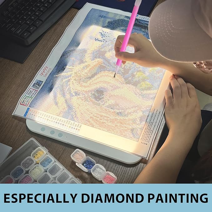 HIUKCOLED Rechargeable A4 Light Pad, Battery Powered Light Board, Stepless/6-level Dimmable Brightness with 3 Colors, Wireless LED Light Tracing Box for Diamond Painting,Drawing,Sketching,Animation