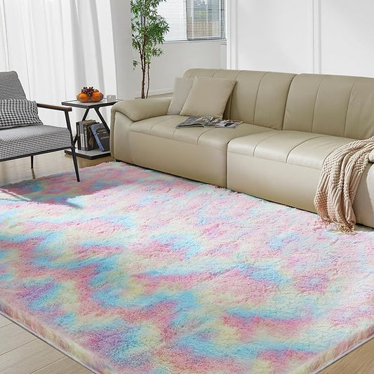 Fluffy Colorful Rug for Living Bedroom, Rainbow Fluffy Soft Plush Area Rugs for Girls Bedroom, Fuzzy Nursery Rug for Baby's Toddler's，Clorful Room Decor for Teenage, Easy-Cleaning, Non Shedding, 3X4