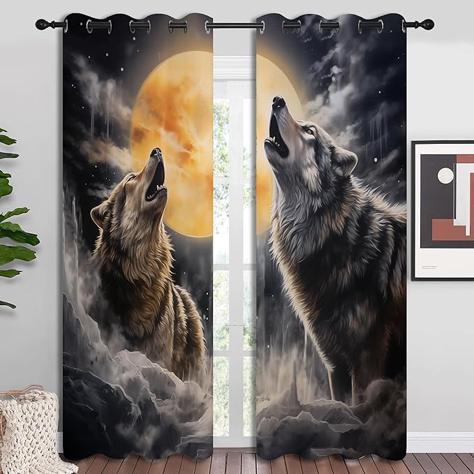 Fantasy Wolf Blackout Curtains for Boys Girl Bedroom Decor,Full Moon Starry Sky Wildlife Retro Thermal Insulated Grommet Drapes Darkening Window Curtain for Living Room Home 84x72 inch