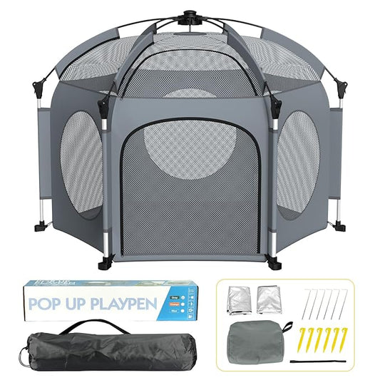 PRObebi Portable Pop Up Playpen for Babies and Toddlers - Grey Lightweight Outdoor Play Yard with Three Sun-Shade - Beach and Indoor Use with Travel Bag
