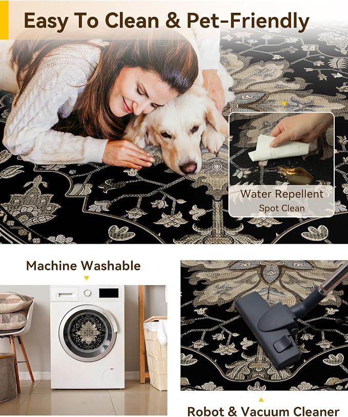 RELEANY Area Rugs Round 8ft Washable Non-Slip, Floral Vintage Distress - Image 5