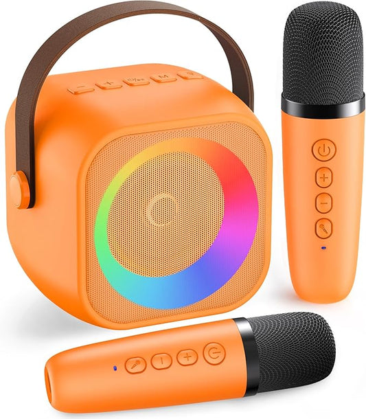 Karaoke Machine for Kids Adults: Mini Portable Karaoke Machine with 2 Wireless Microphones and Lights, Christmas Birthday Gifts for Girls Boys Family Home Party(Orange)