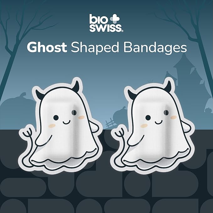 BioSwiss Bandages, Halloween Ghost Shaped Self Adhesive Bandage, Latex Free Sterile Wound Care, Fun First Aid Kit Supplies for Kids, 50 Count