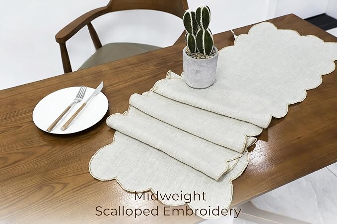 100% Natural Linen Rustic Scalloped Embroidery Table Runner 132 Inches Long - Image 4